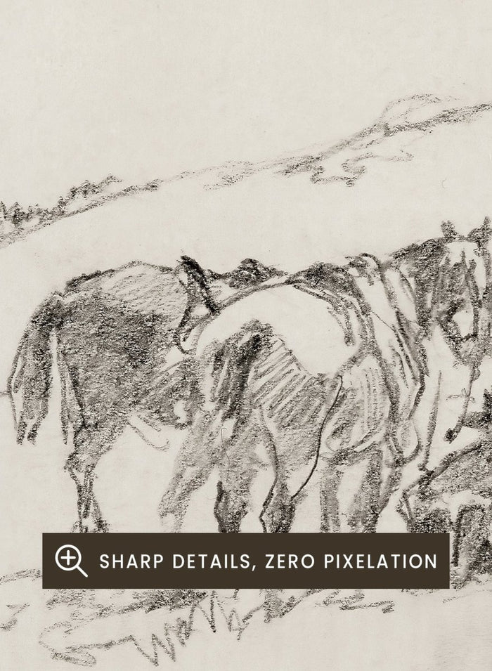 A framed black and white sketch print depicting a cowboy and horse, set against a light beige background. Sketch Made on Indian Reservation, Montana by Walter Shirlaw is a vintage horse sketch featuring a seated figure, grazing horses, and the Montana landscape.