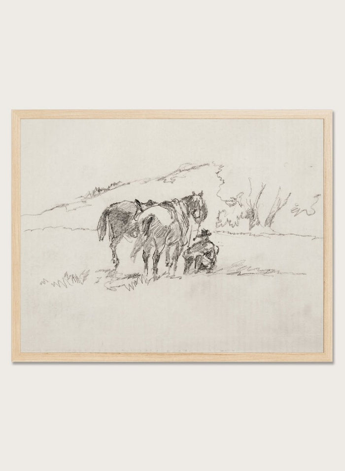 A framed black and white sketch print depicting a cowboy and horse, set against a light beige background. Sketch Made on Indian Reservation, Montana by Walter Shirlaw is a vintage horse sketch featuring a seated figure, grazing horses, and the Montana landscape.