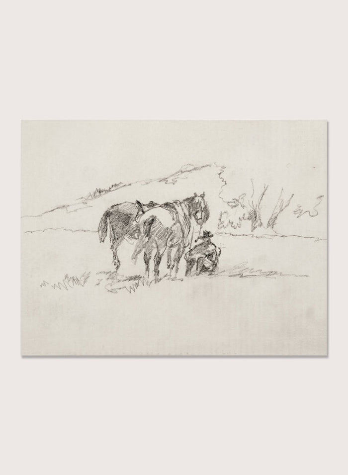 A framed black and white sketch print depicting a cowboy and horse, set against a light beige background. Sketch Made on Indian Reservation, Montana by Walter Shirlaw is a vintage horse sketch featuring a seated figure, grazing horses, and the Montana landscape.
