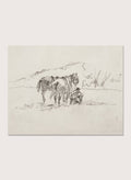 A framed black and white sketch print depicting a cowboy and horse, set against a light beige background. Sketch Made on Indian Reservation, Montana by Walter Shirlaw is a vintage horse sketch featuring a seated figure, grazing horses, and the Montana landscape.