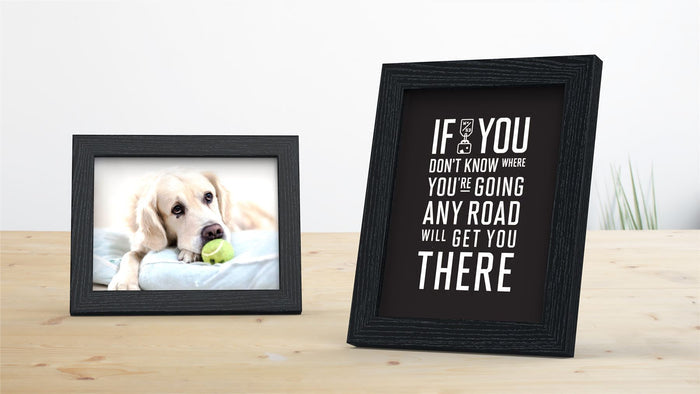 Sleek Range black picture and poster frame displaying a dog photo and a motivational quote.