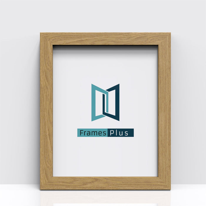Sleek Range oak picture and poster frames featuring Frames Plus logo in a stylish wooden frame.