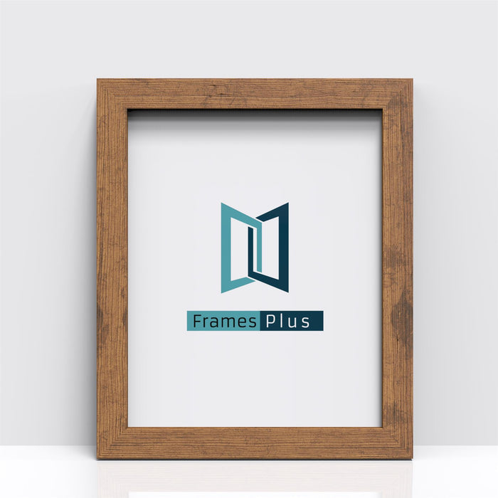 Sleek rustic picture frame showcasing Frames Plus logo on a light background, ideal for displaying photos or artwork.