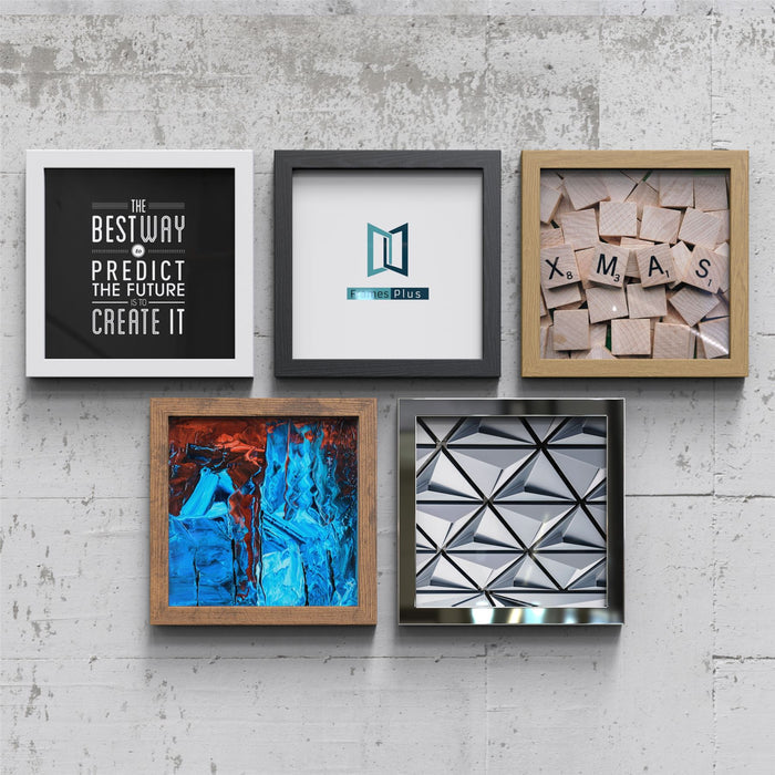 Five diverse rustic picture frames showcasing various artworks on a textured wall.