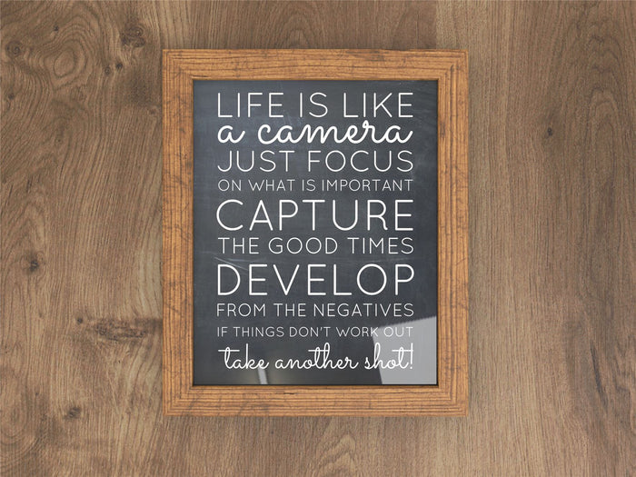 Rustic picture frame displaying an inspirational quote about life and photography.