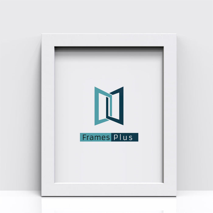Sleek white picture frame featuring the Frames Plus logo on a clean backdrop.