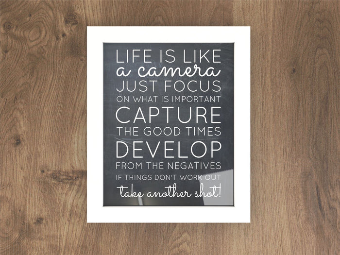 Sleek white picture frame displaying inspirational quote about photography and life, set against wooden background.