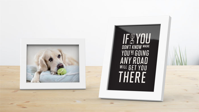 sleek white picture frame displaying a photo of a golden retriever and a motivational poster