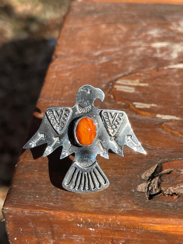 Spiny Oyster Thunderbird Ring Size 8.75 | 925 Sterling Silver Southwest D102
