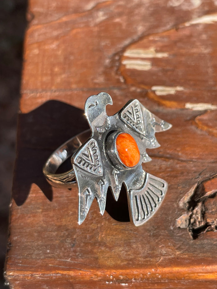 Spiny Oyster Thunderbird Ring Size 8.75 | 925 Sterling Silver Southwest D102