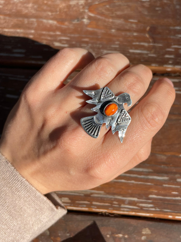 Spiny Oyster Thunderbird Ring Size 8.75 | 925 Sterling Silver Southwest D102