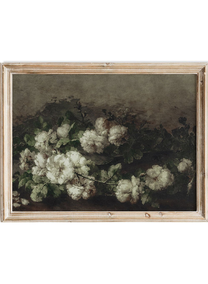 This Margaretha Roosenboom fine art print, Still Life with Guitar and Roses, features soft white flowers, dark greenery, and vintage still life floral painting details.