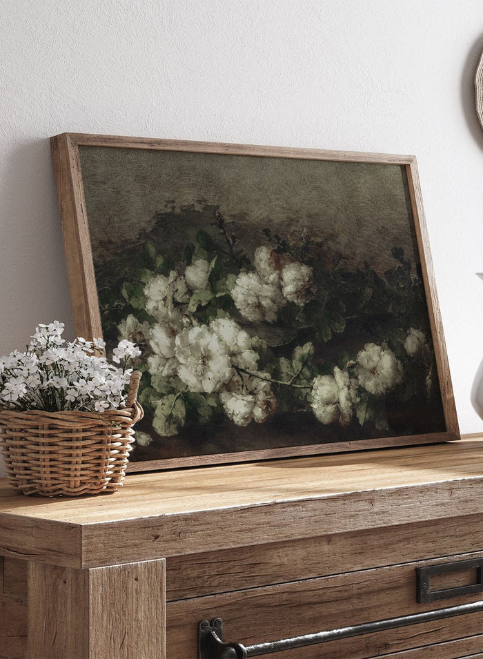 This Margaretha Roosenboom fine art print, Still Life with Guitar and Roses, features soft white flowers, dark greenery, and vintage still life floral painting details.