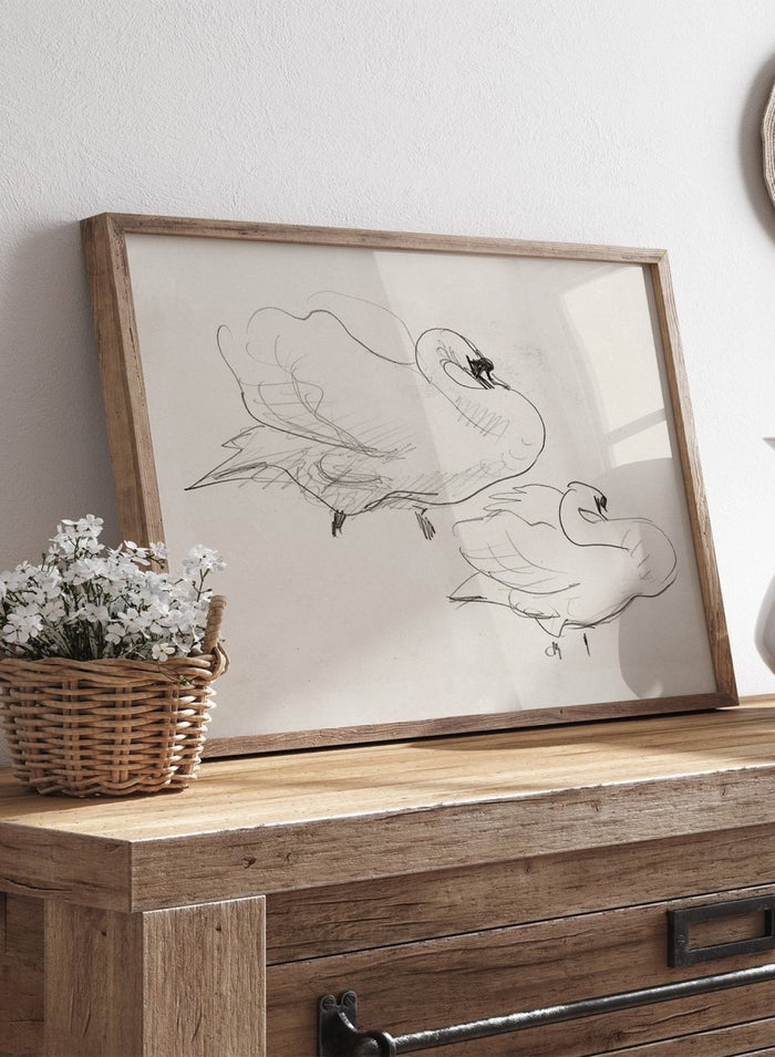 Studies of a Swan is a vintage pencil sketch print of two swans preening, a simple line drawing for a nature-inspired wall art collection.