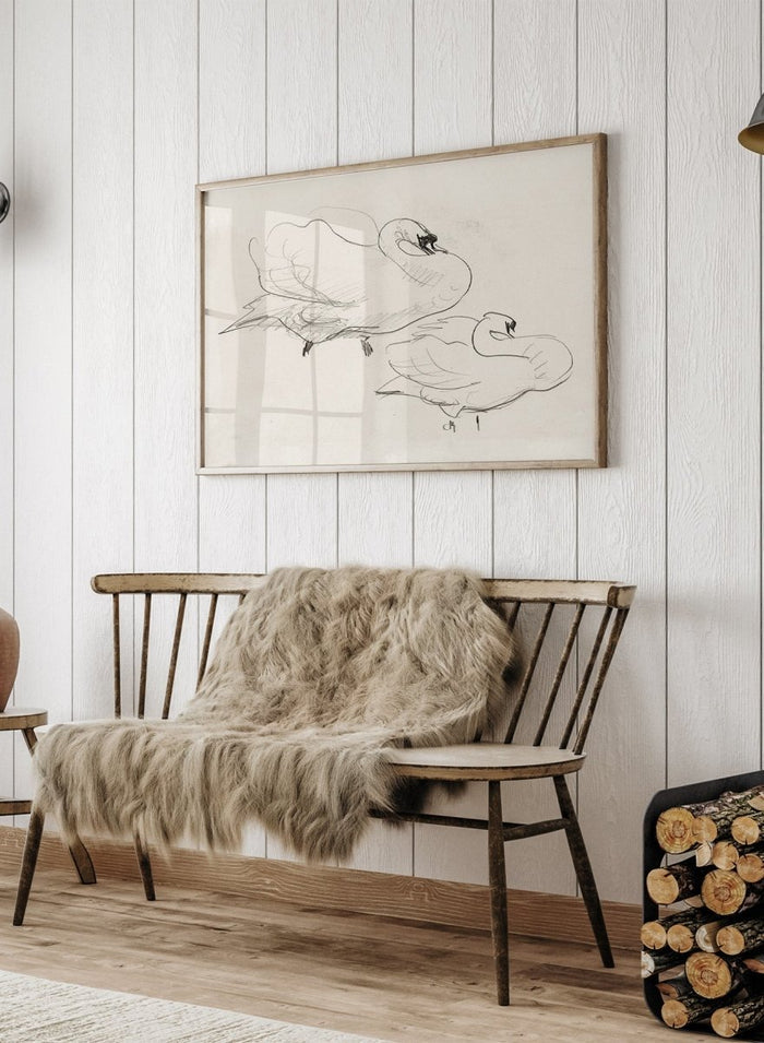 Studies of a Swan is a vintage pencil sketch print of two swans preening, a simple line drawing for a nature-inspired wall art collection.
