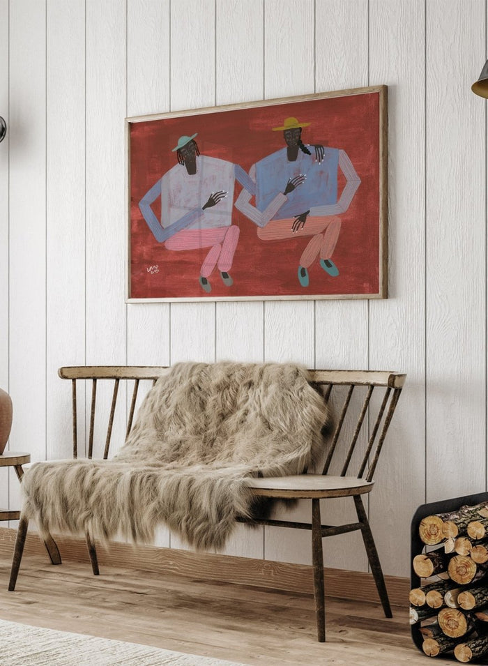 Artistic depiction of two figures holding hands on a red background. Better With You by Studio IMO (Ibi Meier-Oruitemeka) is a modern figurative art print with two figures, bold color, and contemporary wall poster design.