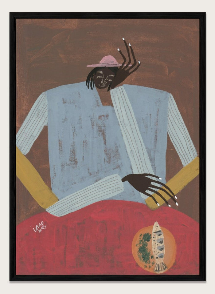 Artistic depiction of a person wearing a hat and sweater with a red background. Clear My Head by Studio IMO (Ibi Meier-Oruitemeka) is a modern figurative art print with a seated figure and contemporary portrait wall poster design.