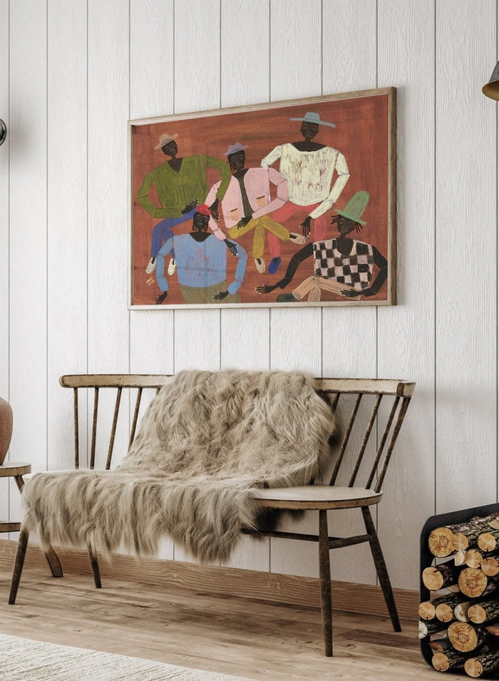 Framed artwork of six stylized figures in colorful clothing on a red background. Long Time No See by Studio IMO (Ibi Meier-Oruitemeka) is a modern figurative art print with multiple figures and bold contemporary wall poster design.