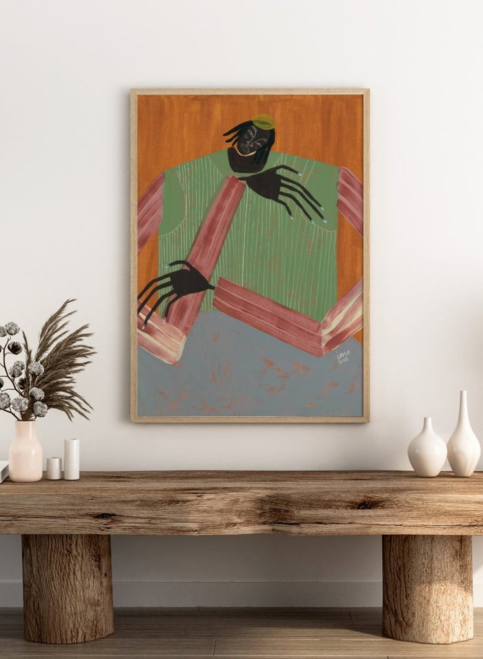 Artistic depiction of a person with spider-like hands and feet against a wooden background. No Place to Be by Studio IMO (Ibi Meier-Oruitemeka) is a modern figurative art print with a seated figure, bold color, and contemporary portrait wall poster design.
