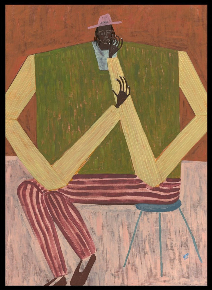 Surrealistic painting of a person sitting on a chair with geometric shapes and abstract design. Take a Moment by Studio IMO (Ibi Meier-Oruitemeka) is a modern figurative art print featuring a seated figure in a calm, reflective pose, designed as a contemporary wall art poster.