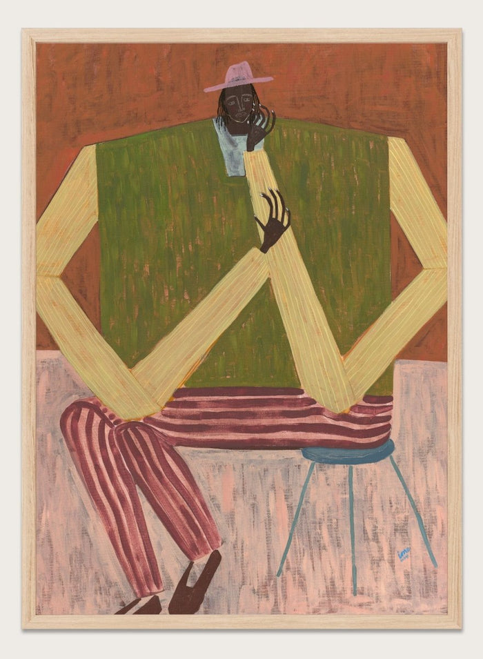 Surrealistic painting of a person sitting on a chair with geometric shapes and abstract design. Take a Moment by Studio IMO (Ibi Meier-Oruitemeka) is a modern figurative art print featuring a seated figure in a calm, reflective pose, designed as a contemporary wall art poster.