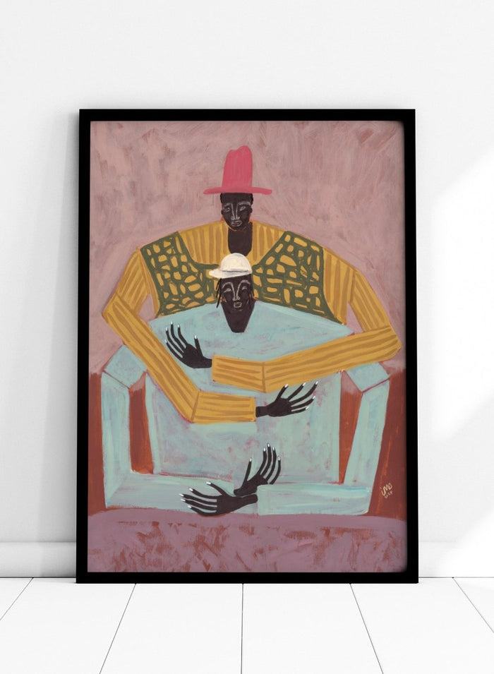 Artistic depiction of two figures sitting together with a pink background. The Hug by Studio IMO (Ibi Meier-Oruitemeka) is a modern figurative art print featuring two figures embracing in a bold contemporary wall poster design.