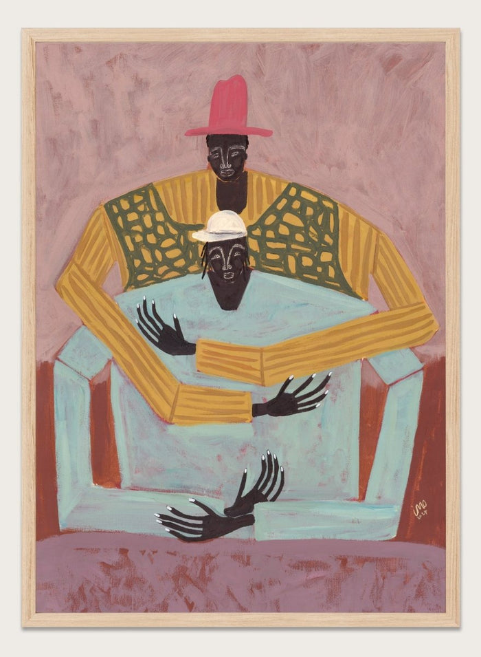Artistic depiction of two figures sitting together with a pink background. The Hug by Studio IMO (Ibi Meier-Oruitemeka) is a modern figurative art print featuring two figures embracing in a bold contemporary wall poster design.