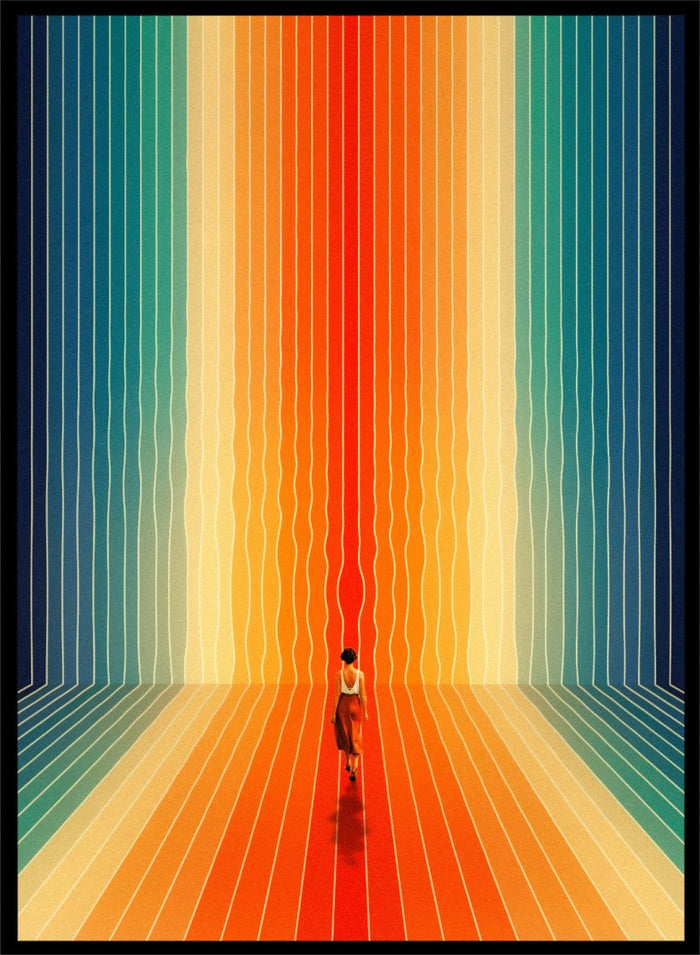 Artistic depiction of a person standing in a colorful, vertically striped space. Here I Come by Taudalpoi surreal retro sci-fi corridor art print with colorful perspective lines and lone figure, cosmic vintage style poster wall art.
