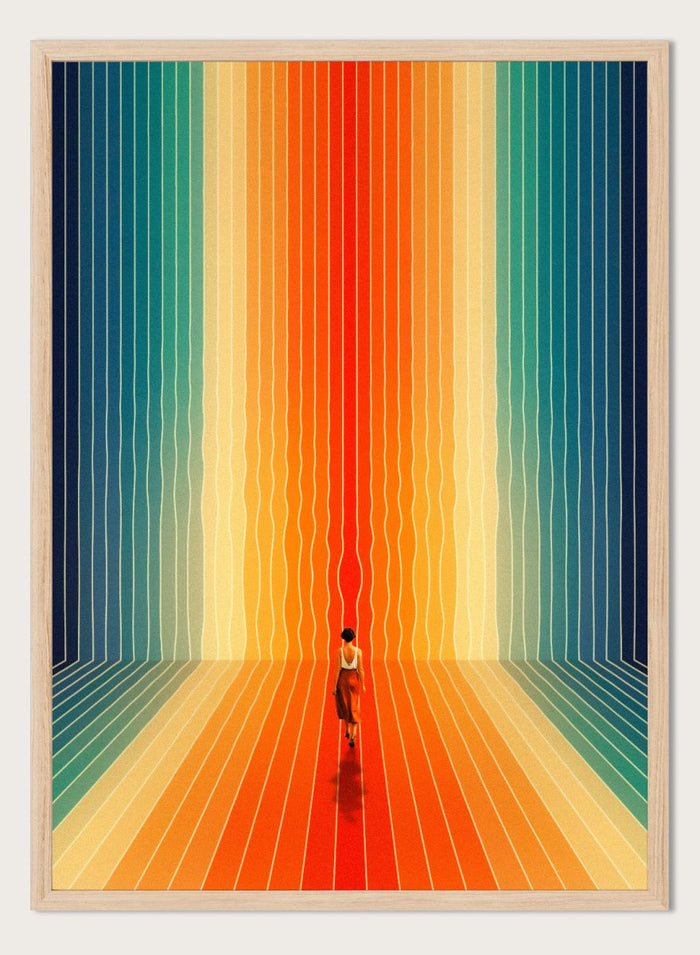 Artistic depiction of a person standing in a colorful, vertically striped space. Here I Come by Taudalpoi surreal retro sci-fi corridor art print with colorful perspective lines and lone figure, cosmic vintage style poster wall art.