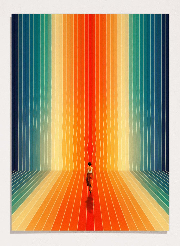 Artistic depiction of a person standing in a colorful, vertically striped space. Here I Come by Taudalpoi surreal retro sci-fi corridor art print with colorful perspective lines and lone figure, cosmic vintage style poster wall art.