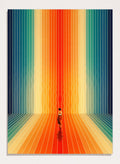 Artistic depiction of a person standing in a colorful, vertically striped space. Here I Come by Taudalpoi surreal retro sci-fi corridor art print with colorful perspective lines and lone figure, cosmic vintage style poster wall art.