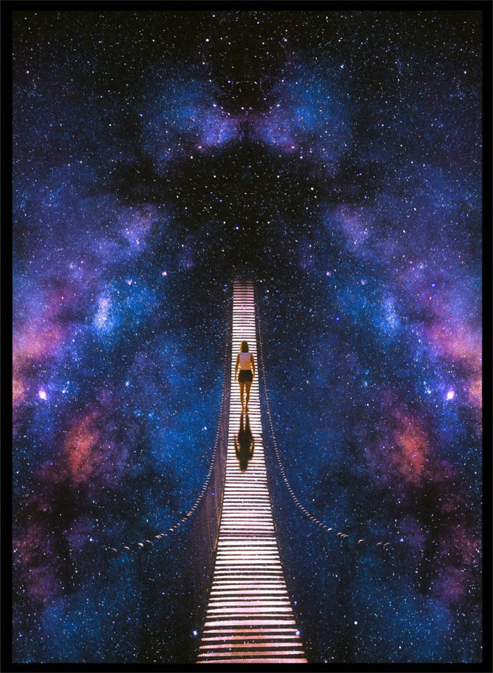Person standing on a bridge stretching into space with a starry background. Infinity by Taudalpoi surreal cosmic bridge art print with lone figure walking through galaxy starscape, retro sci fi collage poster wall art.