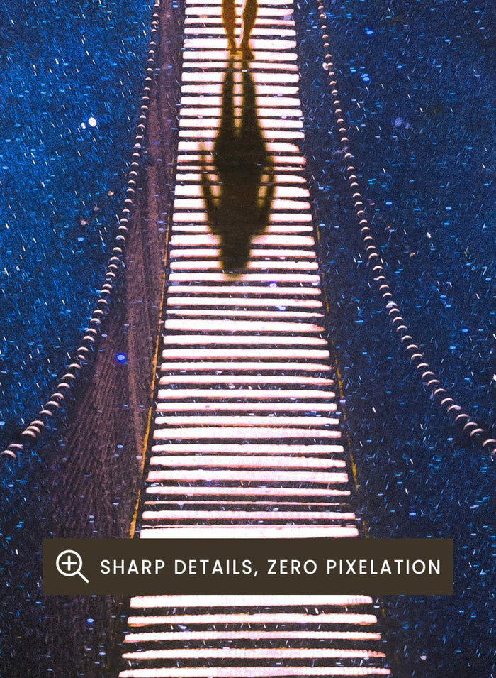 Person standing on a bridge stretching into space with a starry background. Infinity by Taudalpoi surreal cosmic bridge art print with lone figure walking through galaxy starscape, retro sci fi collage poster wall art.