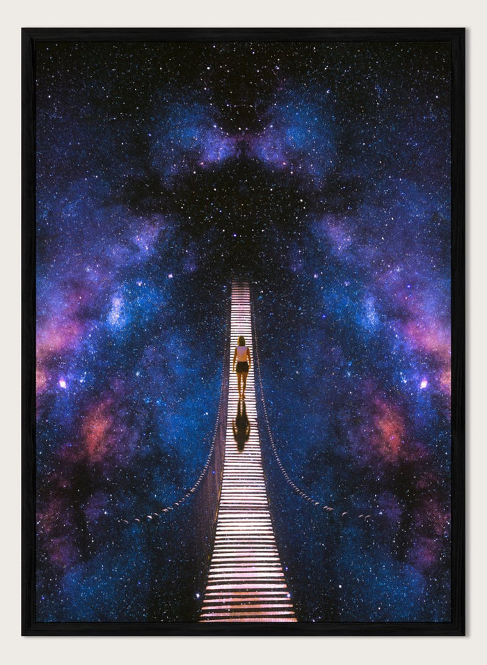 Person standing on a bridge stretching into space with a starry background. Infinity by Taudalpoi surreal cosmic bridge art print with lone figure walking through galaxy starscape, retro sci fi collage poster wall art.