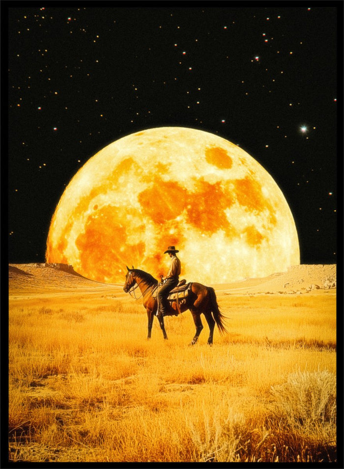 Cowboy on horseback under a large moon in a desert landscape. Lunar Cowboy by Taudalpoi surreal western cowboy moon art print with giant glowing moon and desert landscape, retro cosmic collage poster wall art.