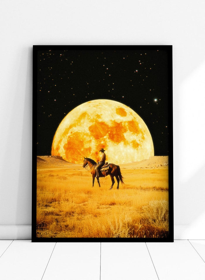 Cowboy on horseback under a large moon in a desert landscape. Lunar Cowboy by Taudalpoi surreal western cowboy moon art print with giant glowing moon and desert landscape, retro cosmic collage poster wall art.