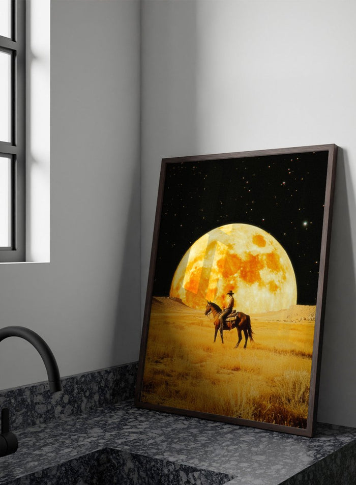 Cowboy on horseback under a large moon in a desert landscape. Lunar Cowboy by Taudalpoi surreal western cowboy moon art print with giant glowing moon and desert landscape, retro cosmic collage poster wall art.
