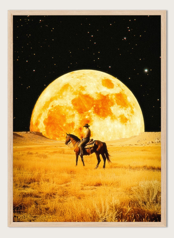 Cowboy on horseback under a large moon in a desert landscape. Lunar Cowboy by Taudalpoi surreal western cowboy moon art print with giant glowing moon and desert landscape, retro cosmic collage poster wall art.