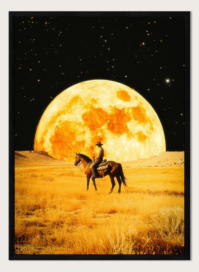 Cowboy on horseback under a large moon in a desert landscape. Lunar Cowboy by Taudalpoi surreal western cowboy moon art print with giant glowing moon and desert landscape, retro cosmic collage poster wall art.