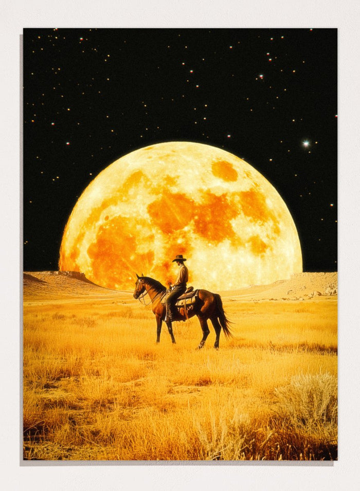 Cowboy on horseback under a large moon in a desert landscape. Lunar Cowboy by Taudalpoi surreal western cowboy moon art print with giant glowing moon and desert landscape, retro cosmic collage poster wall art.