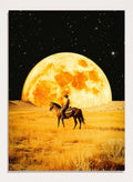 Cowboy on horseback under a large moon in a desert landscape. Lunar Cowboy by Taudalpoi surreal western cowboy moon art print with giant glowing moon and desert landscape, retro cosmic collage poster wall art.