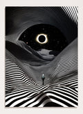 Black and white abstract design with a person standing in a tunnel-like pattern, featuring a celestial body in the center. New Adventures In Foreign Lands by Taudalpoi astronaut eclipse art print with black and white striped landscape and cosmic sky surreal poster.