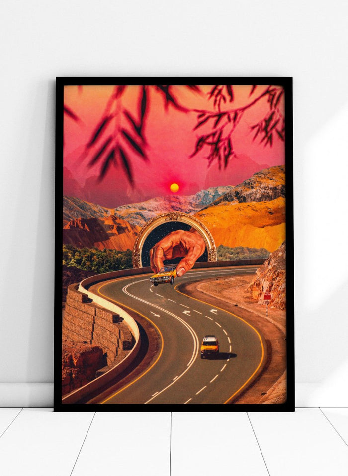 Winding road with a large hand-like structure in a desert landscape during sunset. Play Time by Taudalpoi surreal retro road trip art print with giant hand, desert highway and vintage car collage, cosmic inspired poster wall art.