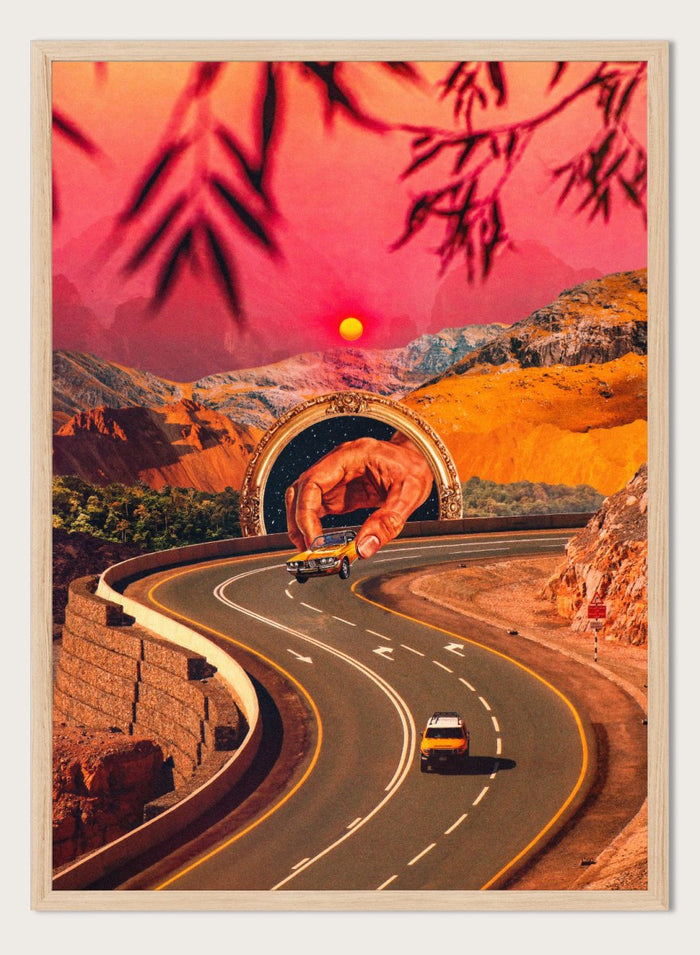 Winding road with a large hand-like structure in a desert landscape during sunset. Play Time by Taudalpoi surreal retro road trip art print with giant hand, desert highway and vintage car collage, cosmic inspired poster wall art.