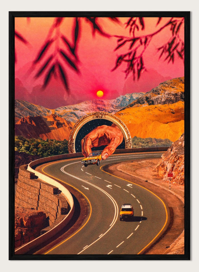 Winding road with a large hand-like structure in a desert landscape during sunset. Play Time by Taudalpoi surreal retro road trip art print with giant hand, desert highway and vintage car collage, cosmic inspired poster wall art.