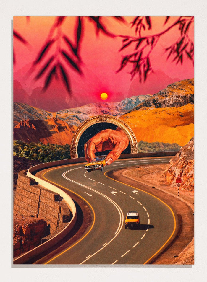 Winding road with a large hand-like structure in a desert landscape during sunset. Play Time by Taudalpoi surreal retro road trip art print with giant hand, desert highway and vintage car collage, cosmic inspired poster wall art.