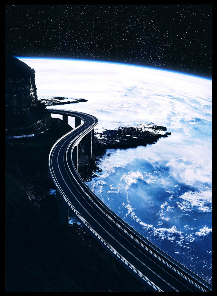 Artistic depiction of a road curving around the Earth with a starry night sky. Road To Infinity by Taudalpoi surreal space highway art print with winding road above Earth and starry sky, retro cosmic collage poster wall art.
