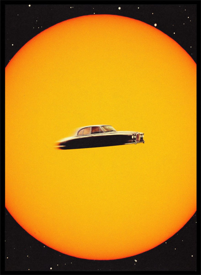 UFO-like object on a yellow background. Space Chase by Taudalpoi surreal retro car in space art print with giant sun and vintage vehicle, cosmic collage sci fi poster wall art.