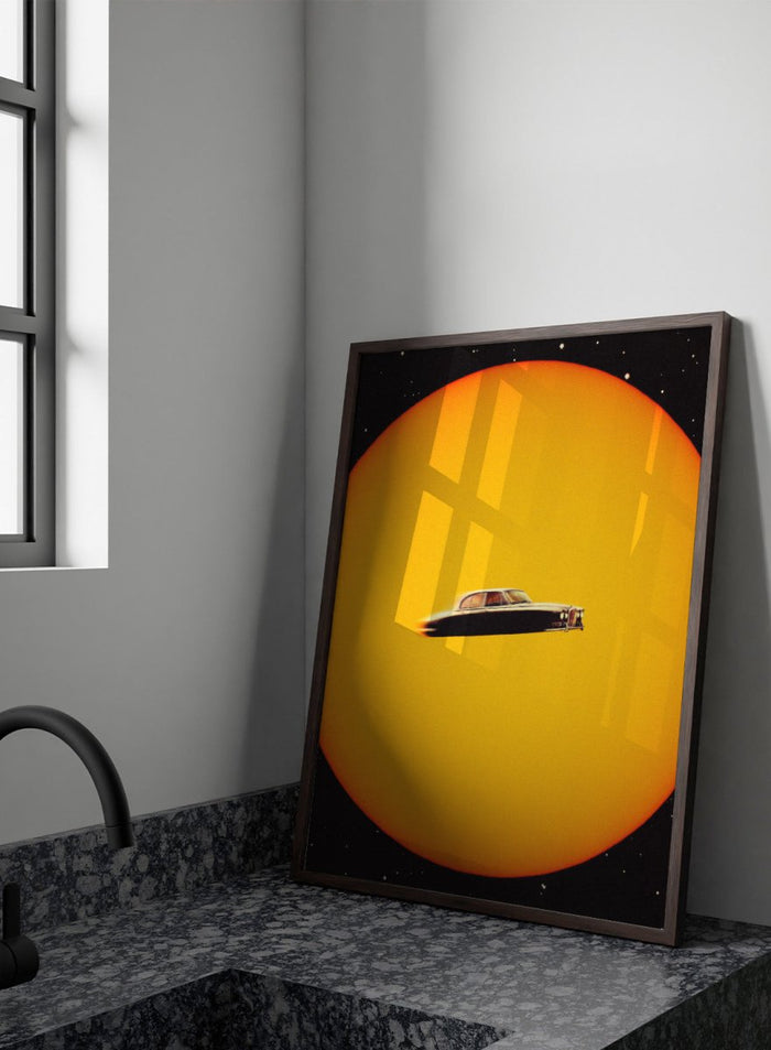 UFO-like vintage car on a yellow background. Space Chase by Taudalpoi surreal retro car in space art print with giant sun and vintage vehicle, cosmic collage sci fi poster wall art.