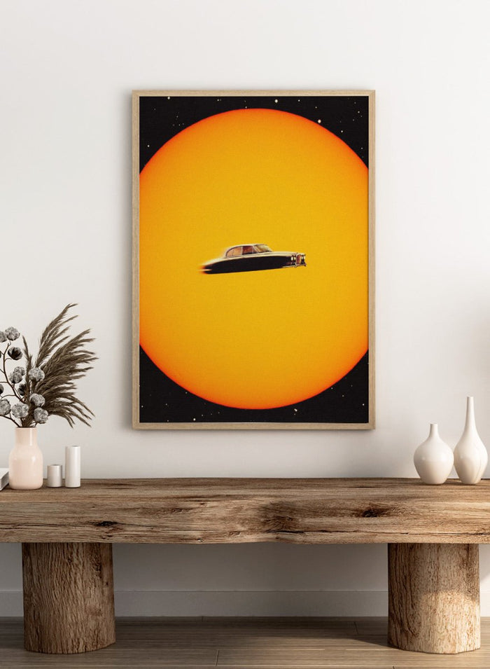UFO-like vintage car on a yellow background. Space Chase by Taudalpoi surreal retro car in space art print with giant sun and vintage vehicle, cosmic collage sci fi poster wall art.
